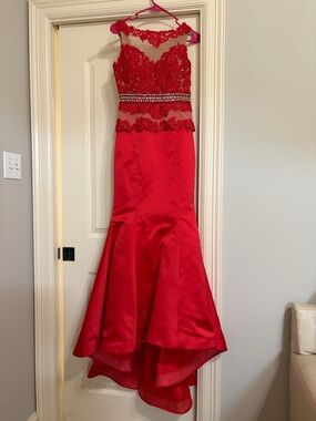 Sherri Hill Red Lace Mermaid Prom Dress with Beaded Waist